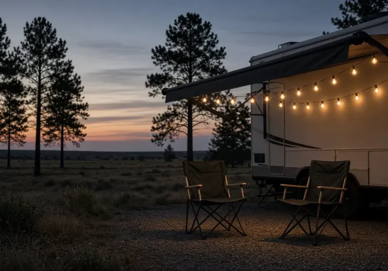 String lights and two chairs outside an RV at dusk