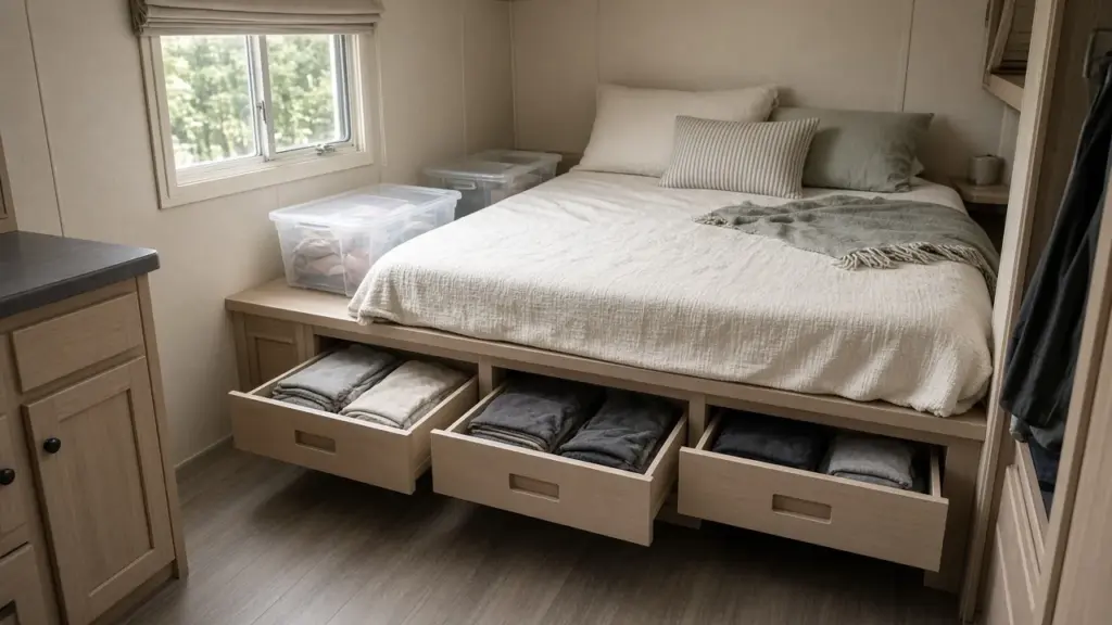 Clear storage bins and under-bed drawers neatly organized inside an RV bedroom