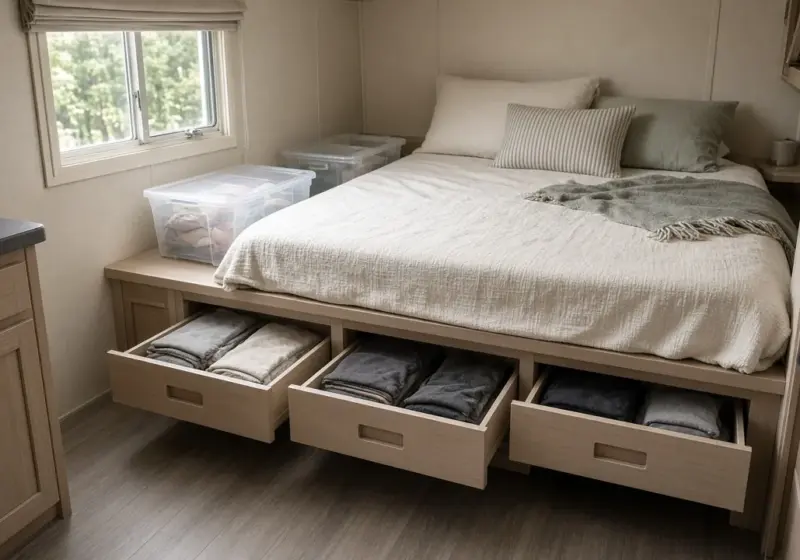 Clear storage bins and under-bed drawers neatly organized inside an RV bedroom