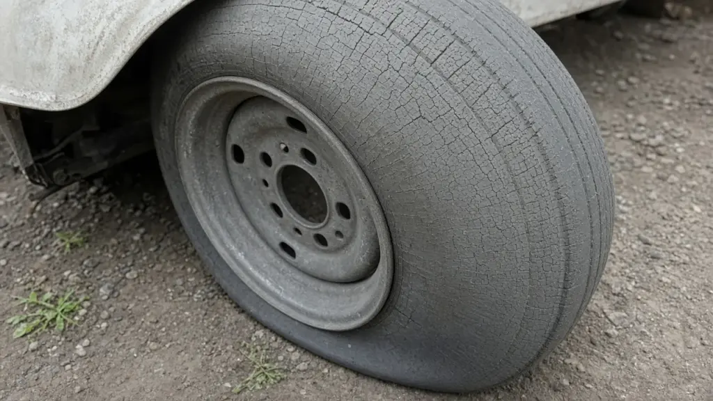 A sun-faded cracked RV tire sidewall close-up