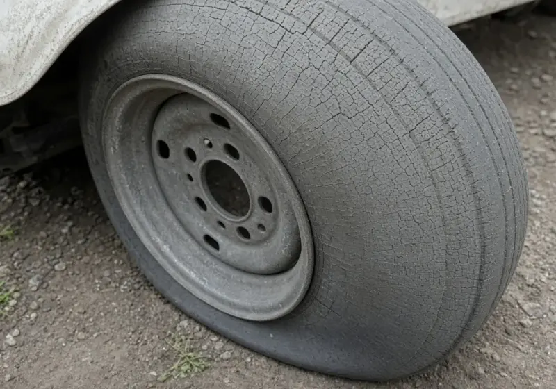 A sun-faded cracked RV tire sidewall close-up