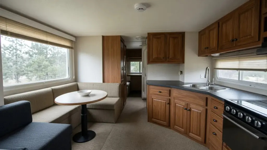 A smoke detector on an RV ceiling