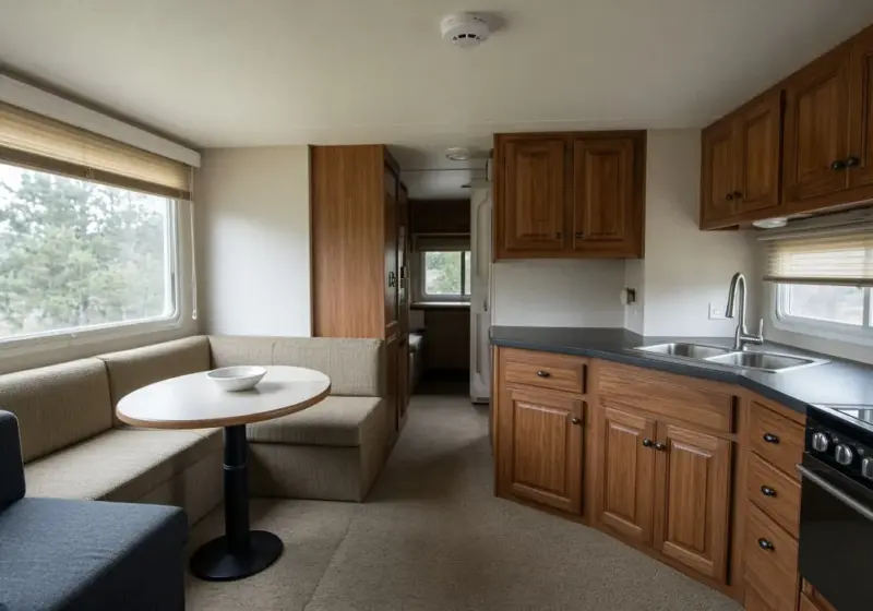 A smoke detector on an RV ceiling