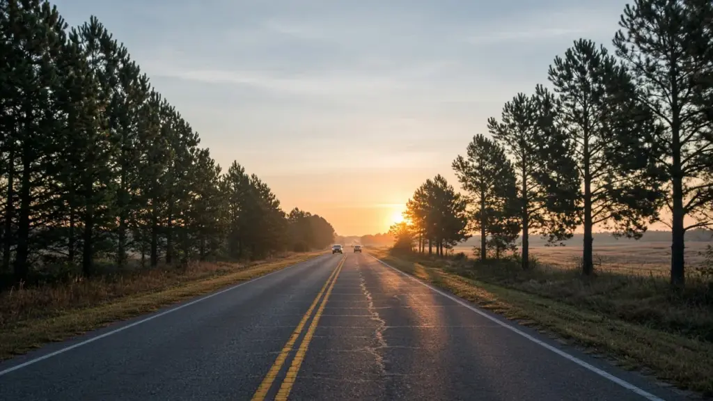 A two-lane road with light traffic at sunrise in Southeast Texas