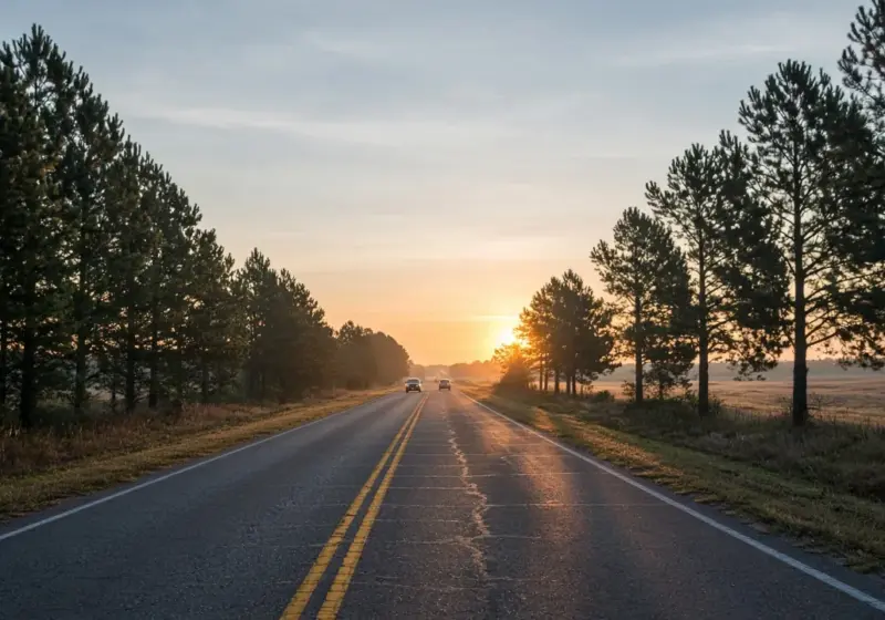 A two-lane road with light traffic at sunrise in Southeast Texas