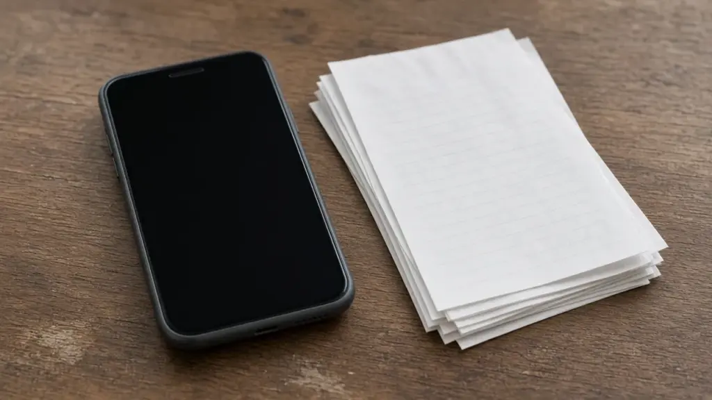 A phone with a dark screen beside a small stack of receipts