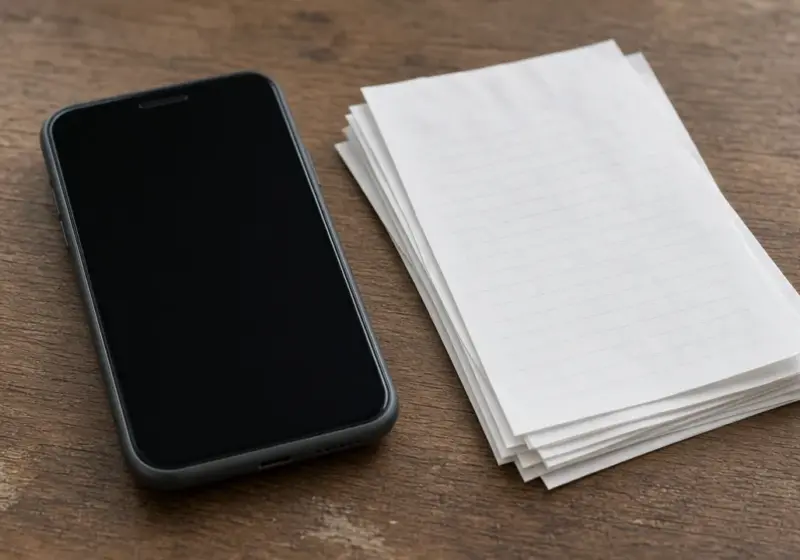 A phone with a dark screen beside a small stack of receipts