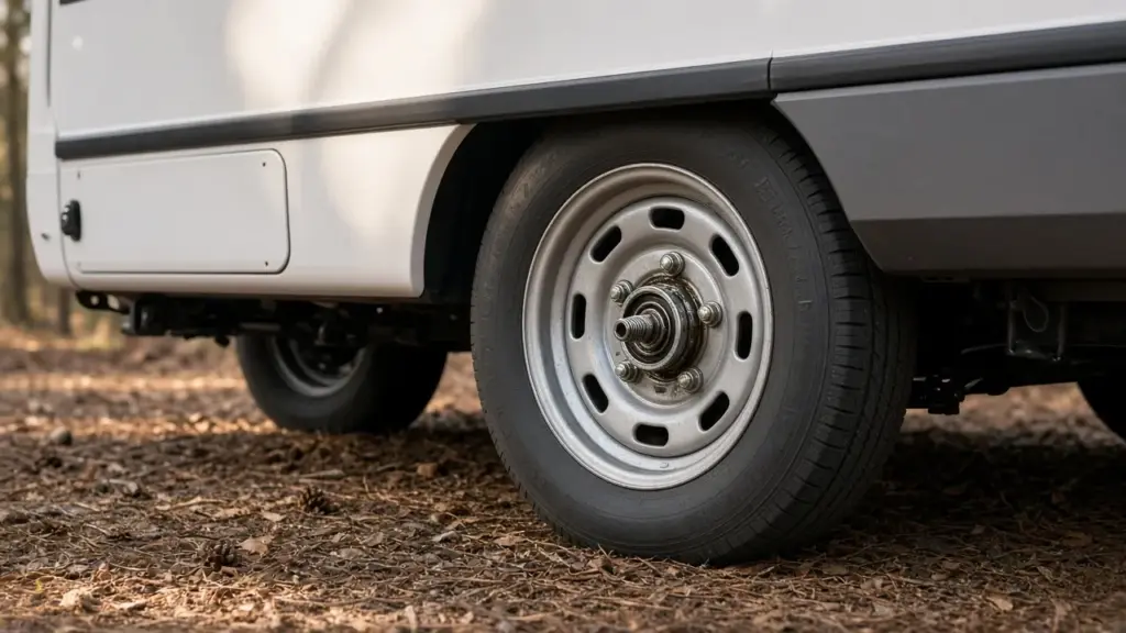 A travel trailer wheel with the hubcap removed showing the bearing hub