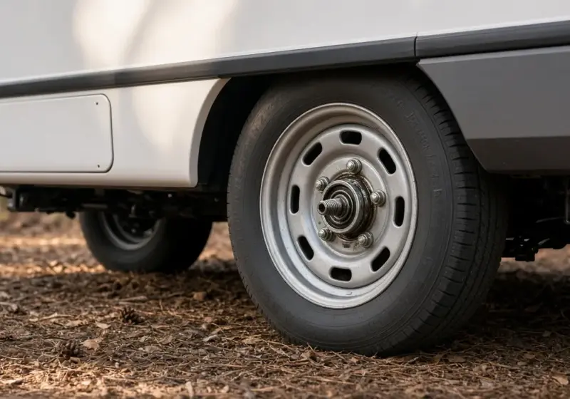 A travel trailer wheel with the hubcap removed showing the bearing hub