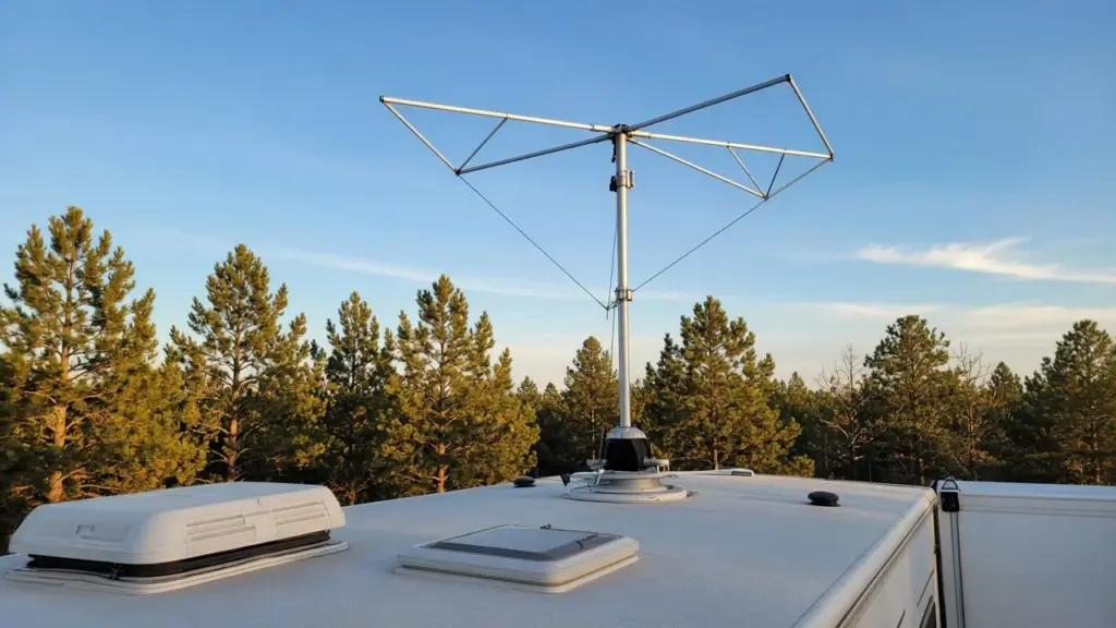 An RV TV antenna on the roof against a blue sky