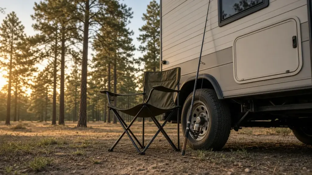 A folding chair and a fishing rod leaning on an RV on a weekend morning