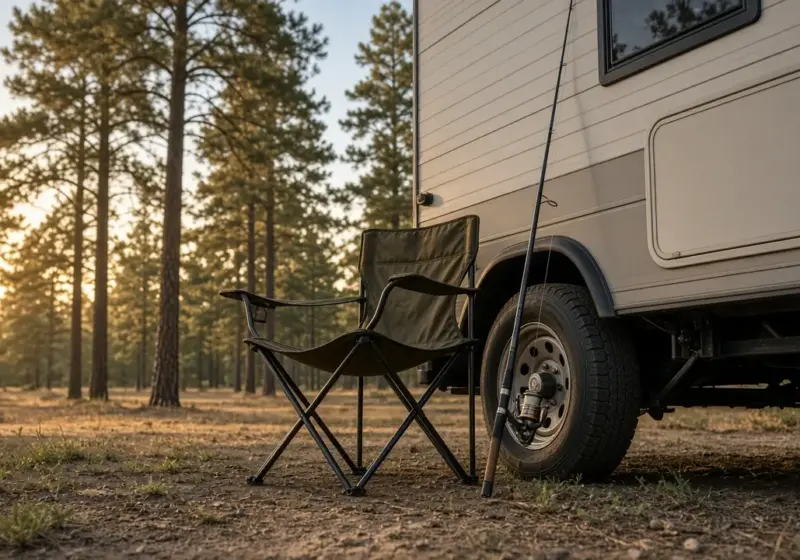 A folding chair and a fishing rod leaning on an RV on a weekend morning