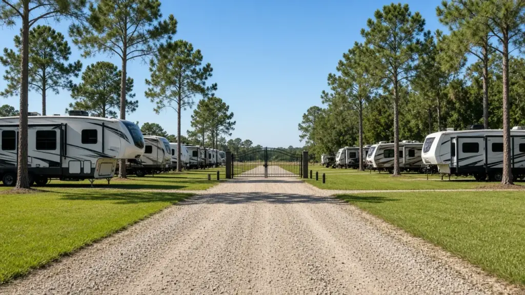 A neat RV park lane with a closed gate and well-kept grass