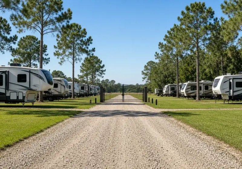 A neat RV park lane with a closed gate and well-kept grass