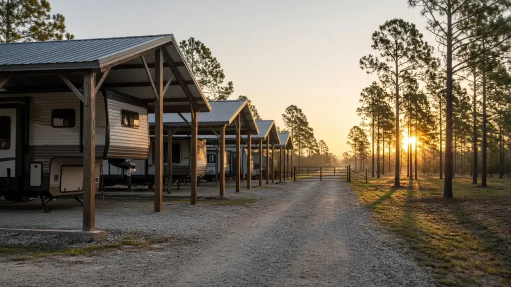 A quiet RV park lane at sunrise with covered sites and a closed gate in the distance