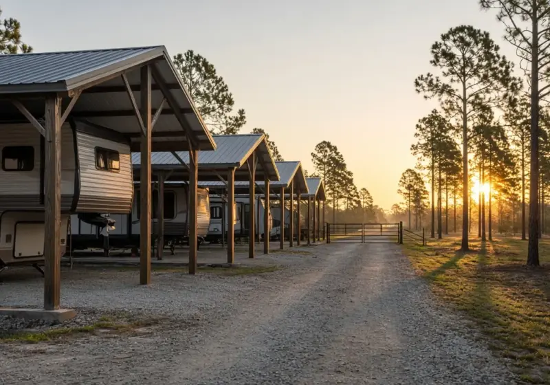 A quiet RV park lane at sunrise with covered sites and a closed gate in the distance