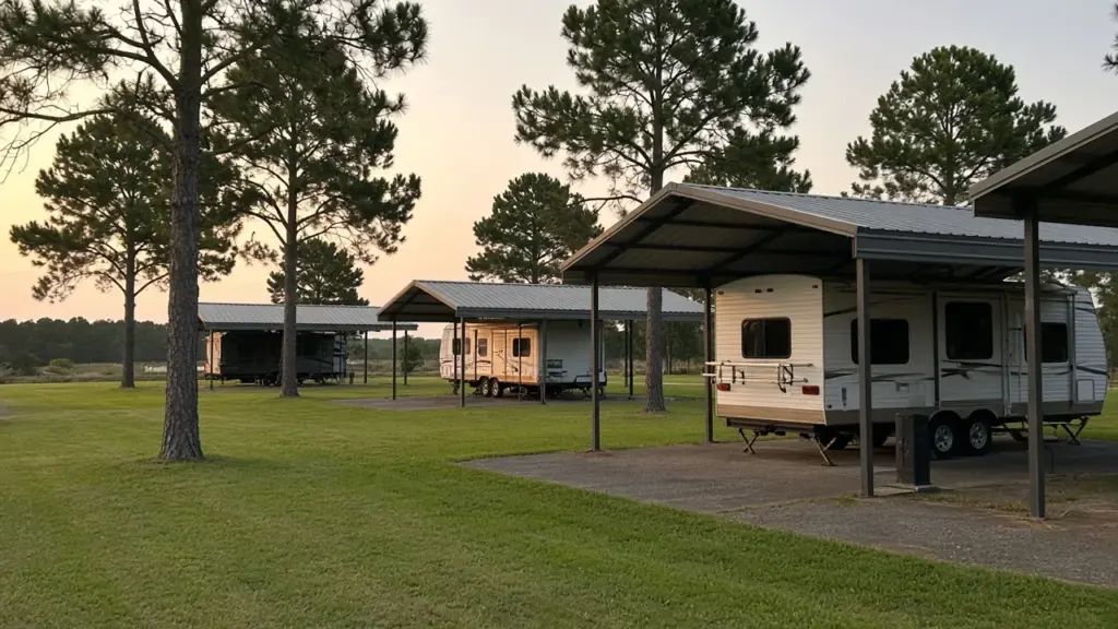 A small quiet RV park at dusk with covered sites