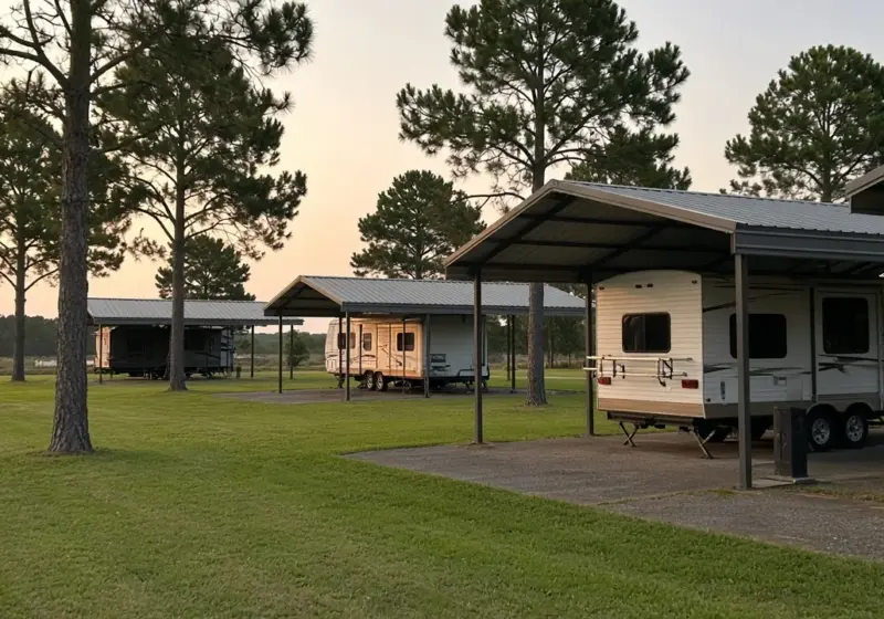 A small quiet RV park at dusk with covered sites