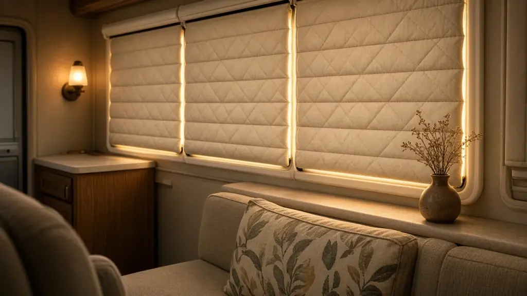 Insulated window shades covering RV windows