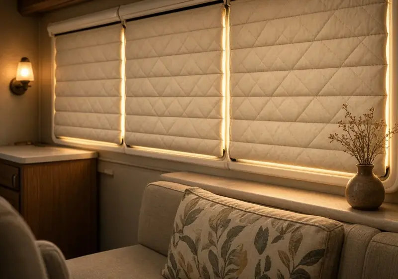 Insulated window shades covering RV windows
