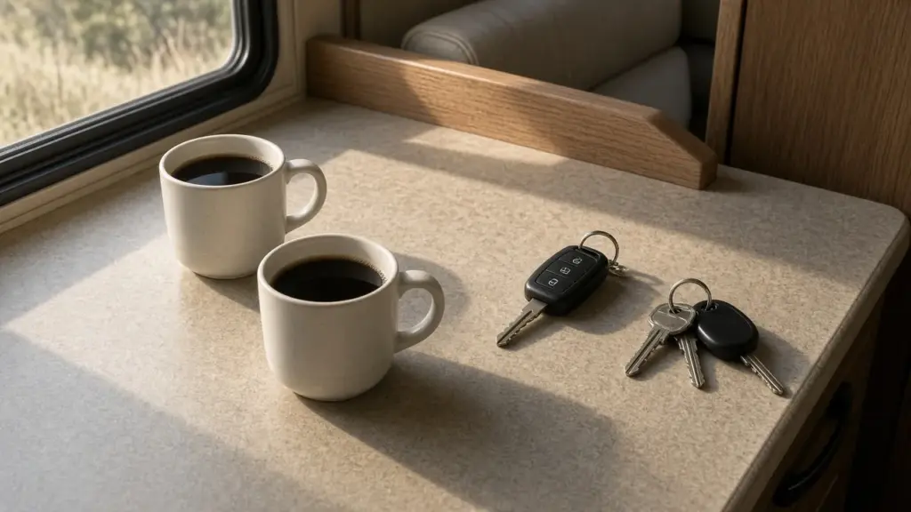 Two coffee mugs and two sets of keys on an RV counter