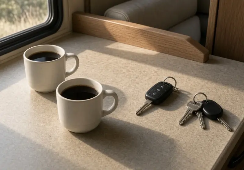 Two coffee mugs and two sets of keys on an RV counter