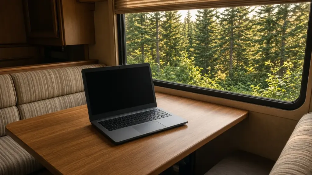 A laptop on an RV dinette table with a window view of pine trees