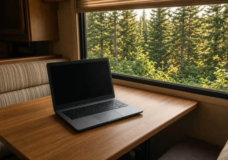 A laptop on an RV dinette table with a window view of pine trees