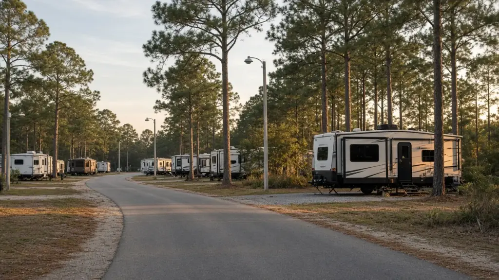 A quiet RV park lane with security lighting