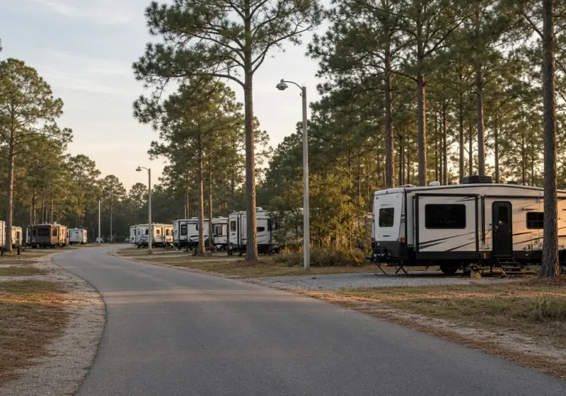 A quiet RV park lane with security lighting