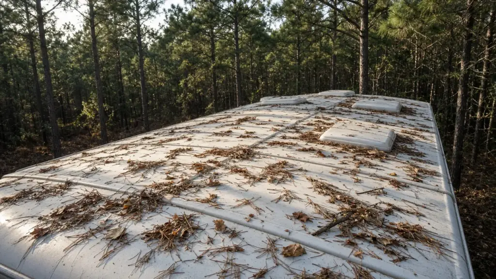 An RV roof with scattered leaves and small branches after a storm