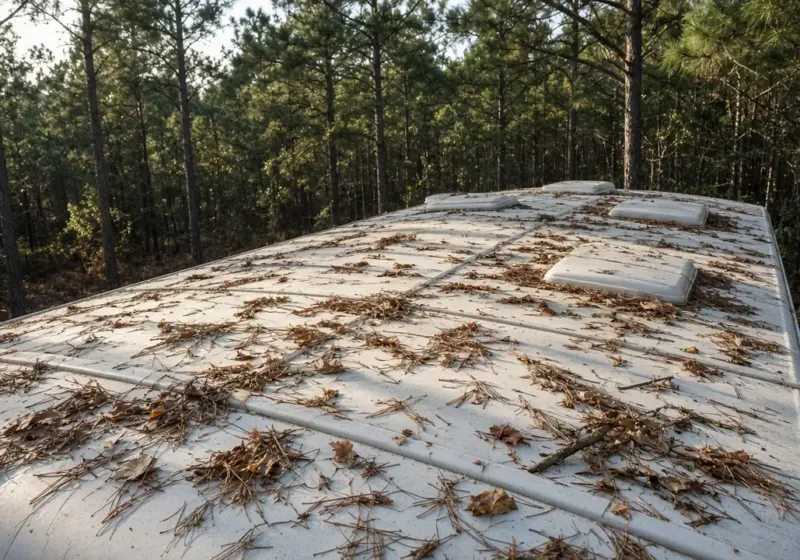 An RV roof with scattered leaves and small branches after a storm