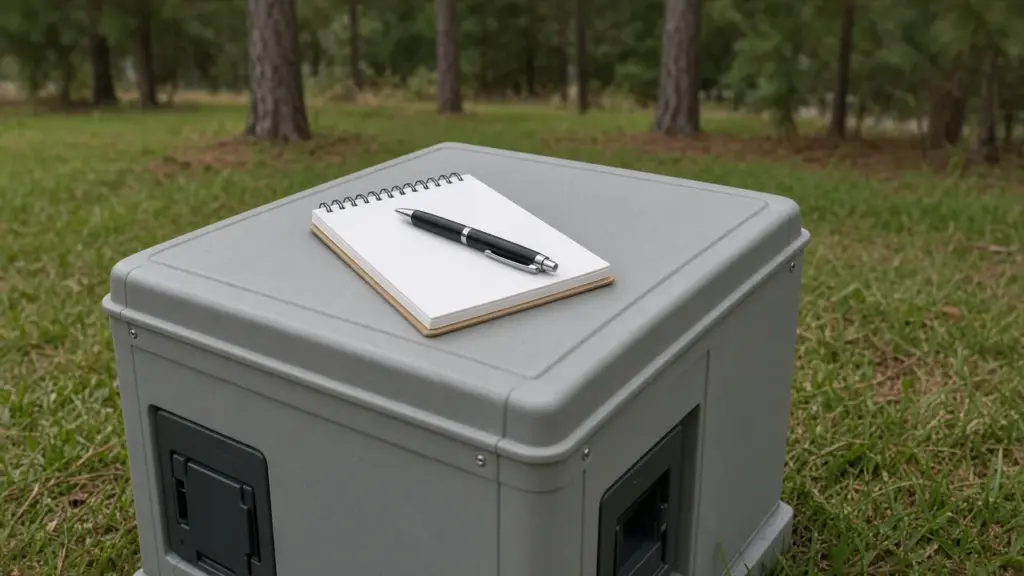 A notepad of questions beside an RV power pedestal