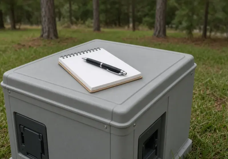 A notepad of questions beside an RV power pedestal