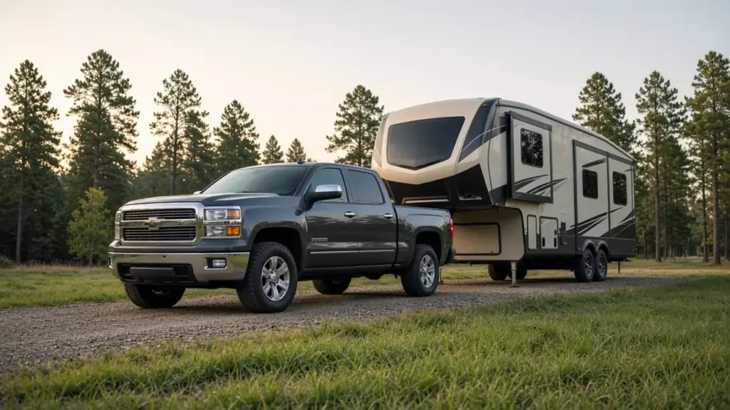A single pickup truck parked beside a fifth wheel