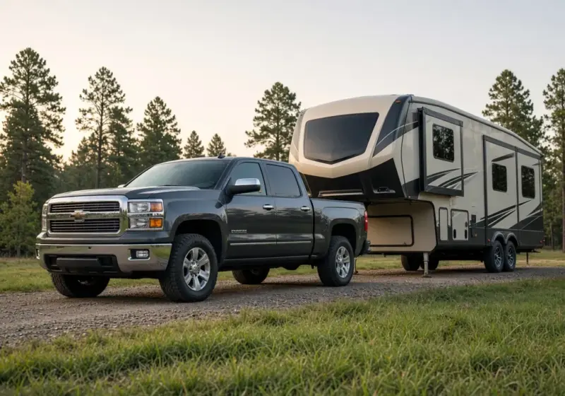 A single pickup truck parked beside a fifth wheel