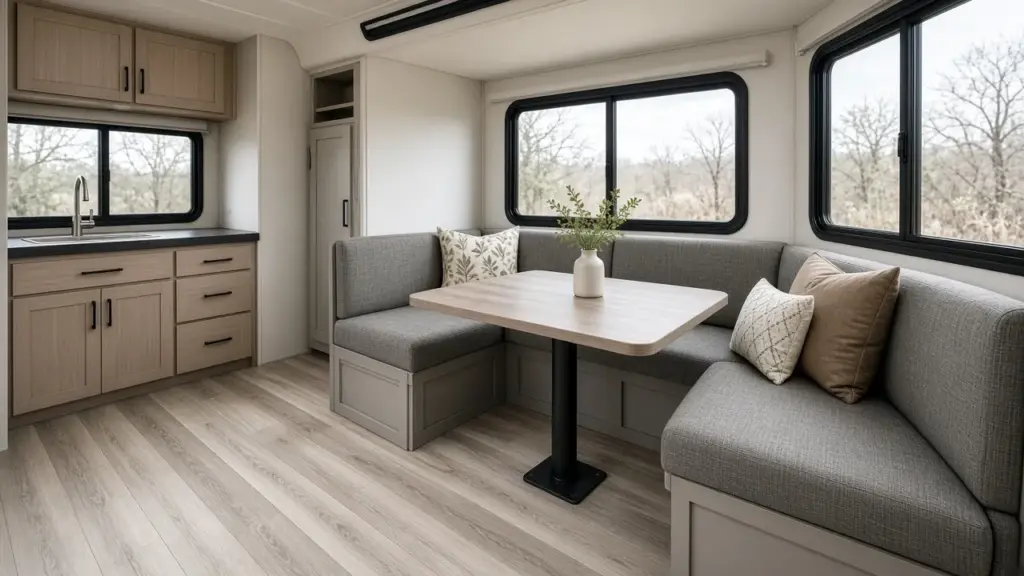 An RV vinyl floor and upholstered dinette cushions, clean and bright