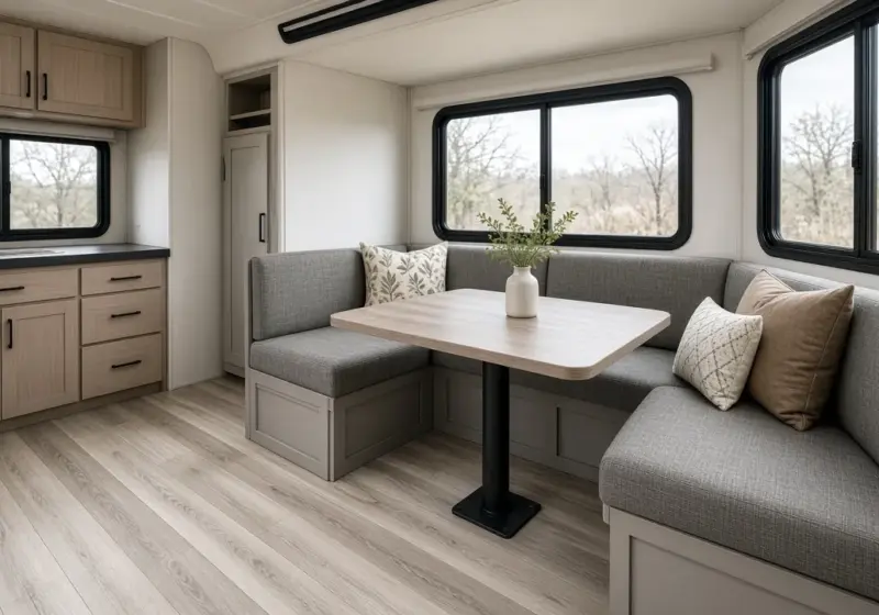 An RV vinyl floor and upholstered dinette cushions, clean and bright
