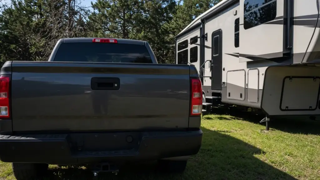 A pickup truck parked beside a fifth wheel at an RV site in the early morning