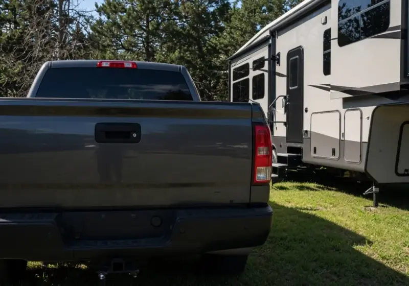A pickup truck parked beside a fifth wheel at an RV site in the early morning