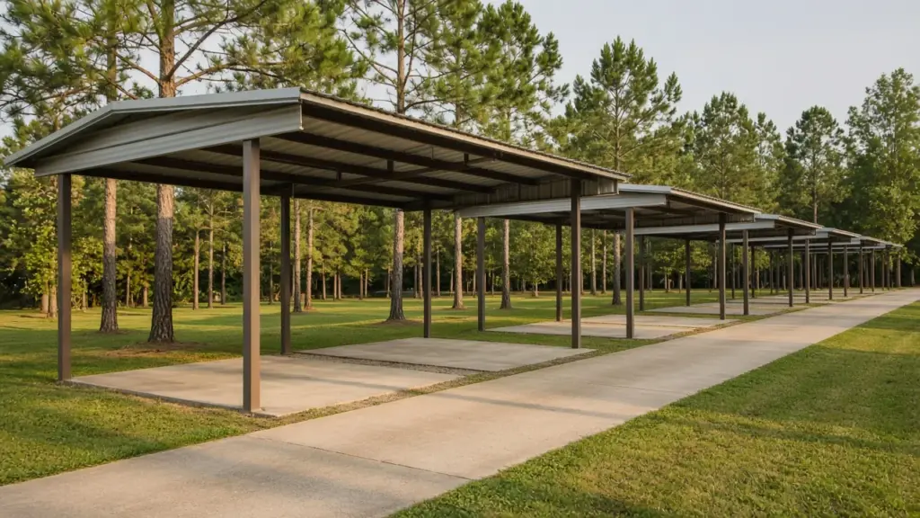 A view down a row of covered RV sites choosing between shaded pads