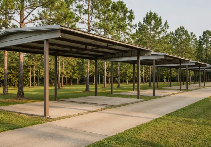 A view down a row of covered RV sites choosing between shaded pads