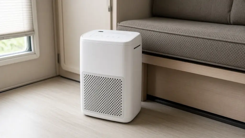 A compact dehumidifier on an RV floor beside a bench