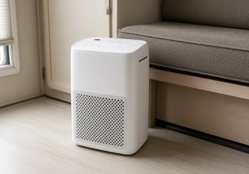 A compact dehumidifier on an RV floor beside a bench