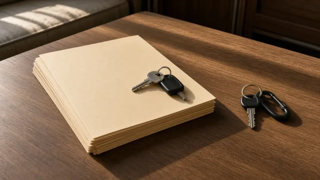 A folder of paperwork and two sets of keys on an RV table