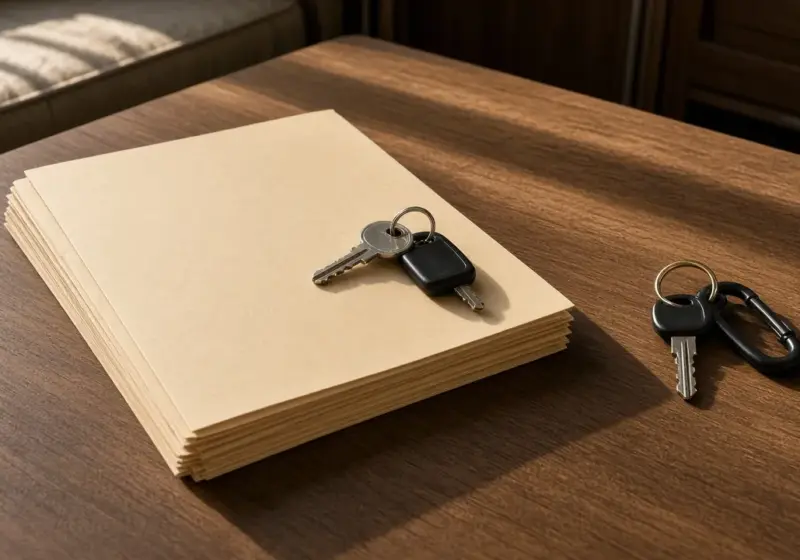 A folder of paperwork and two sets of keys on an RV table