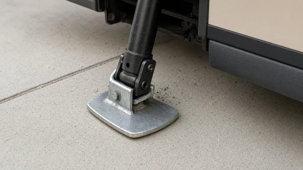Close view of an RV leveling jack resting on a clean concrete pad