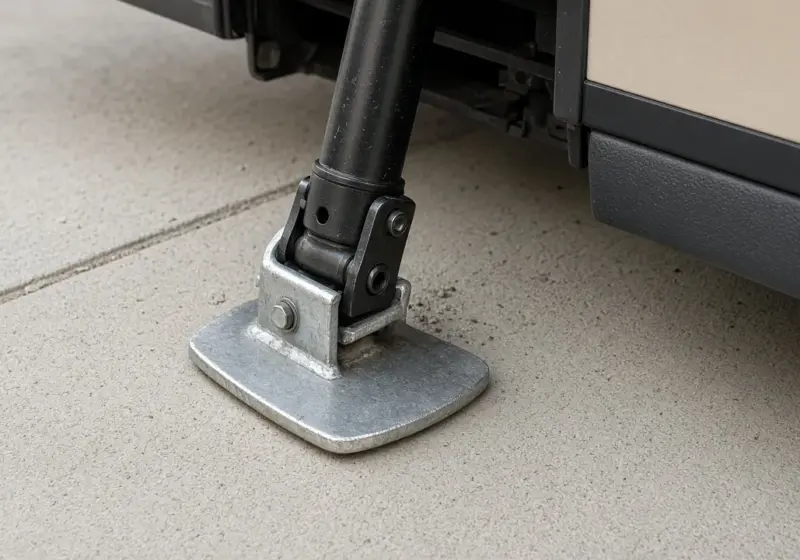 Close view of an RV leveling jack resting on a clean concrete pad