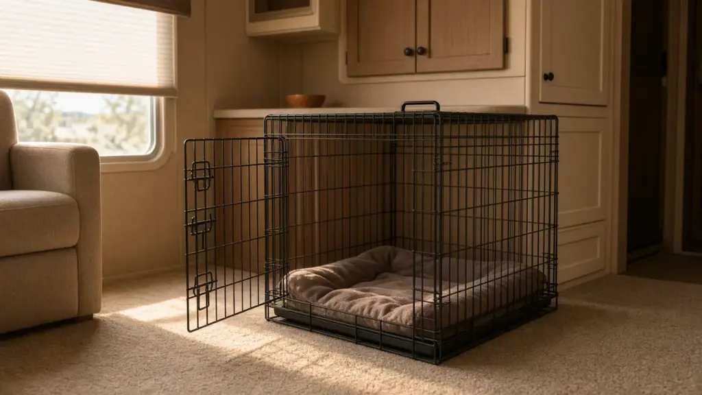 An open wire crate with a blanket inside an RV