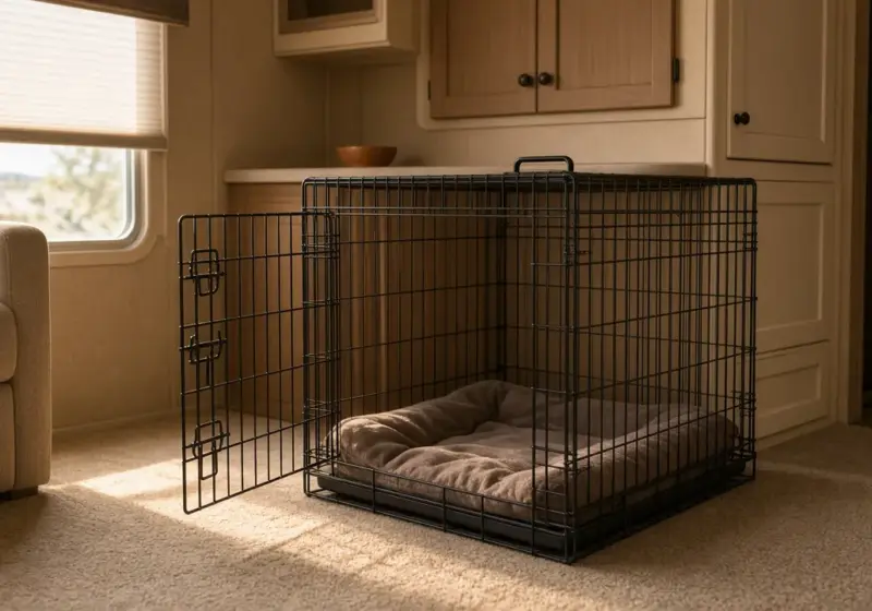 An open wire crate with a blanket inside an RV